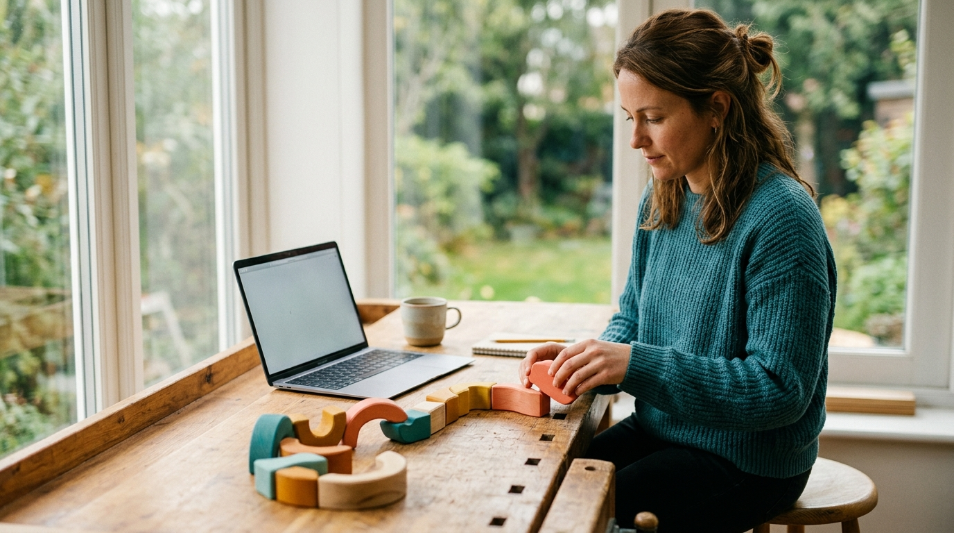 A person at a sunlit workbench arranging colorful wooden blocks into a chain beside a laptop, designing a workflow step by step