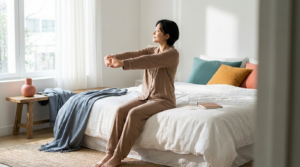 Person stretching on the edge of a bed in soft morning window light after a night of recovery sleep