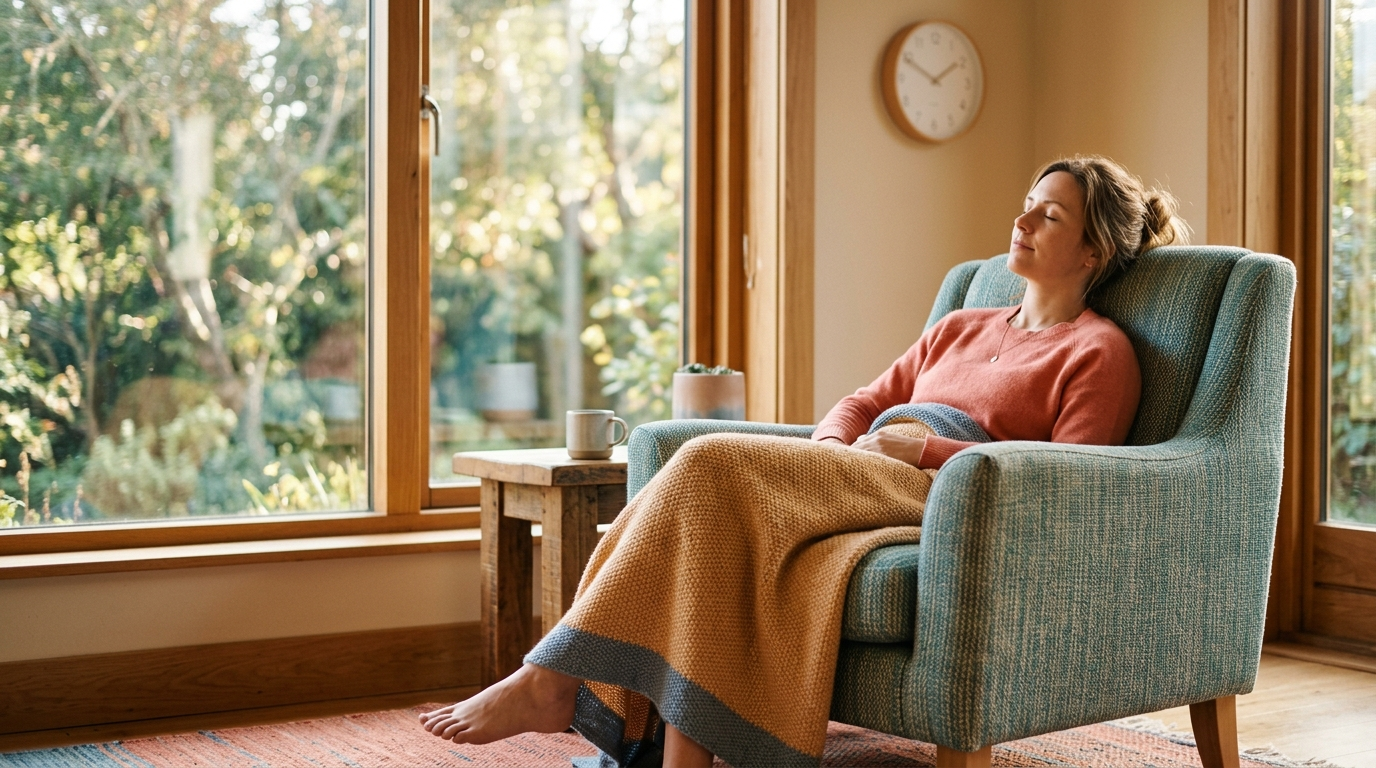 Person resting with eyes closed in an armchair beside a sunlit window during a short afternoon nap
