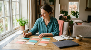 Professional arranging blank colored cards into a branching pattern at a sunlit table, planning a career shape