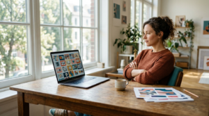 Designer at a sunlit desk reviewing a grid of digital asset thumbnails, deciding which to keep