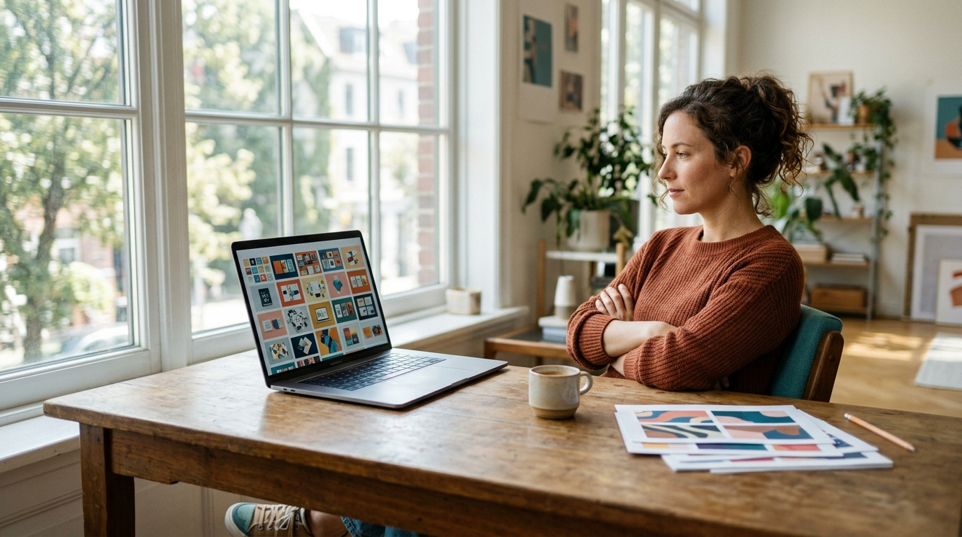 Designer at a sunlit desk reviewing a grid of digital asset thumbnails, deciding which to keep