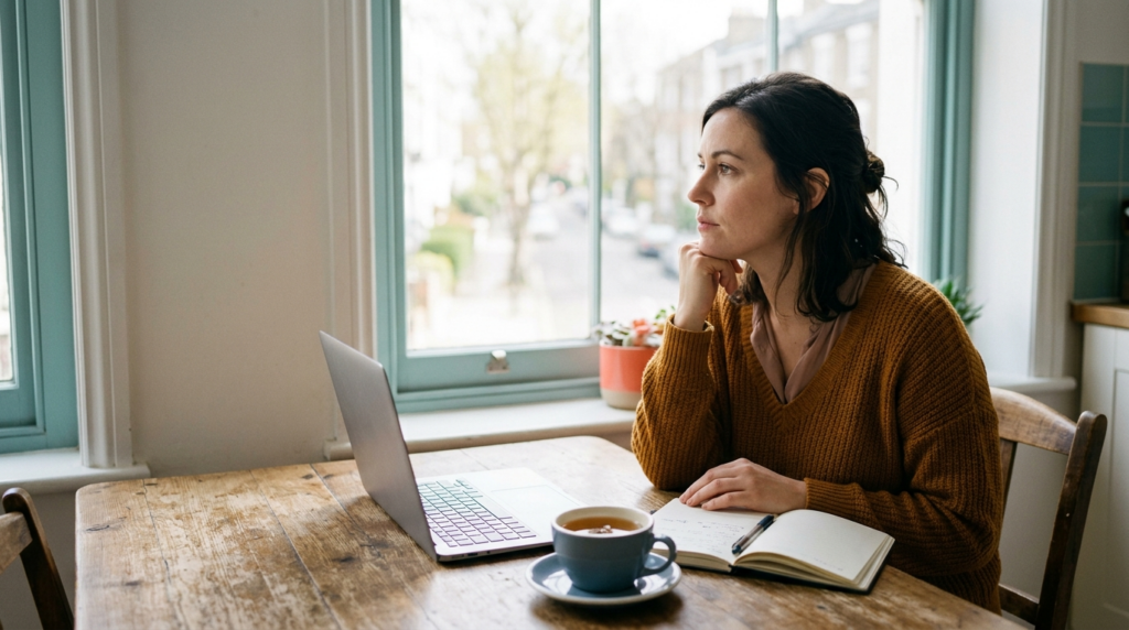 Woman pausing at a sunlit table, reconsidering her assumptions about AI