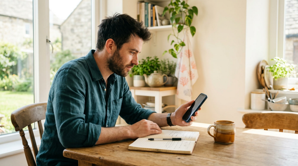 Person at a sunlit kitchen table checking a phone beside a handwritten notebook, awaiting the first pre-sale results