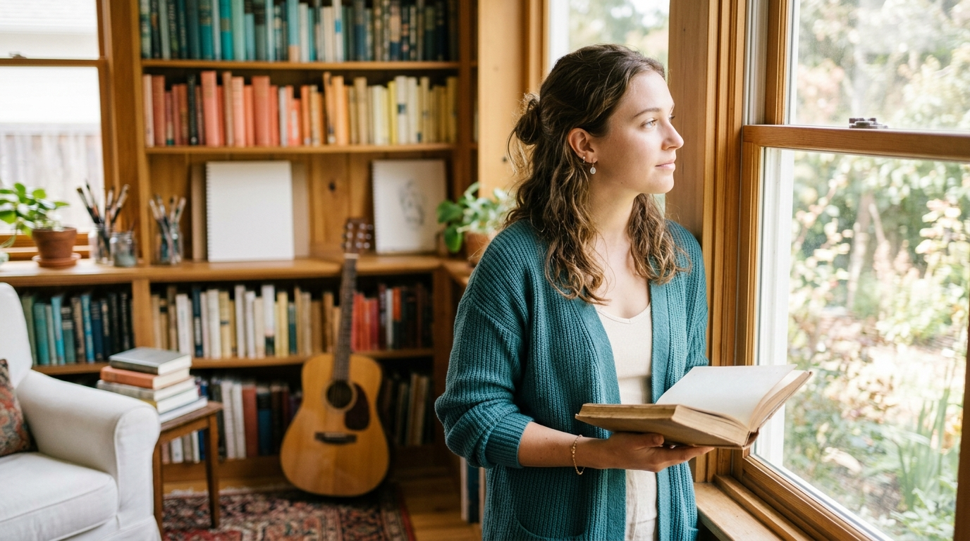 Learner holding a book by a bright window in a home library, deciding what skill to learn next