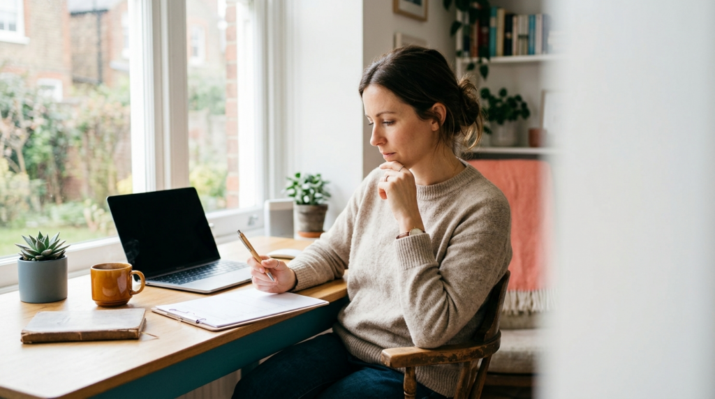 An independent professional at a bright home-office desk weighing a decision before sending work to a client