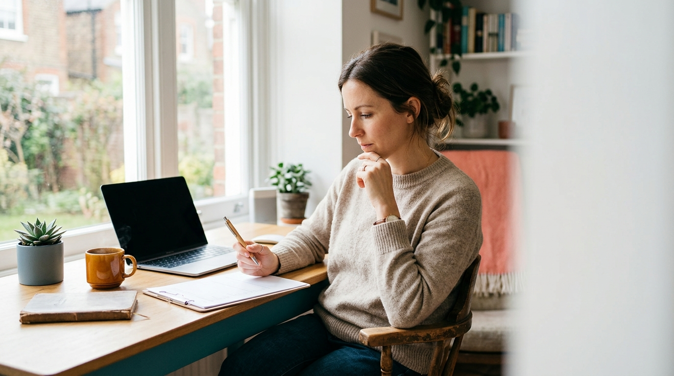 An independent professional at a bright home-office desk weighing a decision before sending work to a client