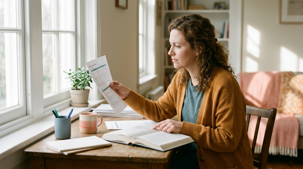 Person checking a printed report against an open reference book in window light