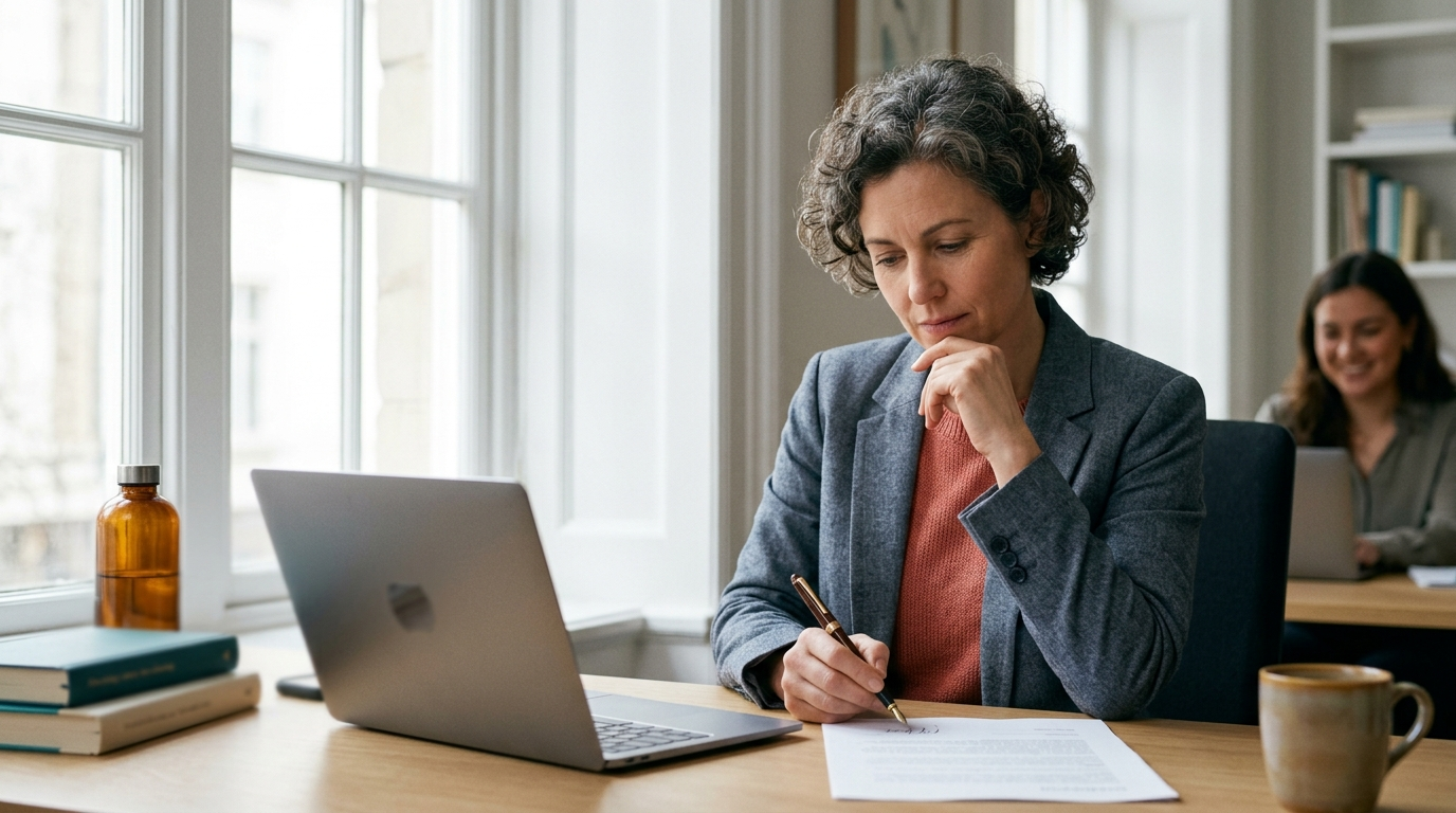 A manager reviewing and initialing a printed page at a sunlit desk before signing off, laptop beside them and a colleague in the background