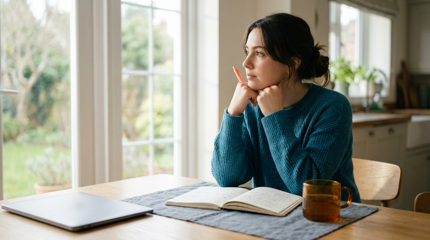 A person pauses to think while writing by hand in a notebook at a bright kitchen table, a closed laptop set aside