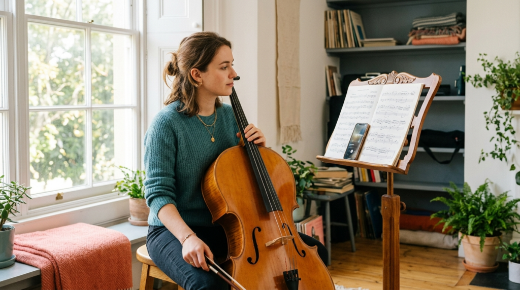 Cellist pausing practice by a sunlit window to listen back to a recording