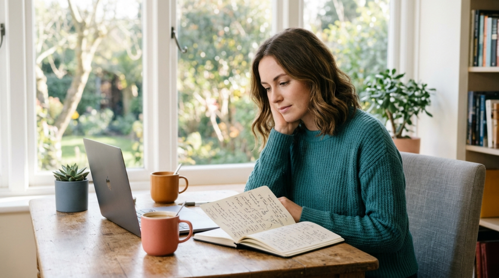 Professional at a sunlit desk reviewing a notebook of past accomplishments before a performance review