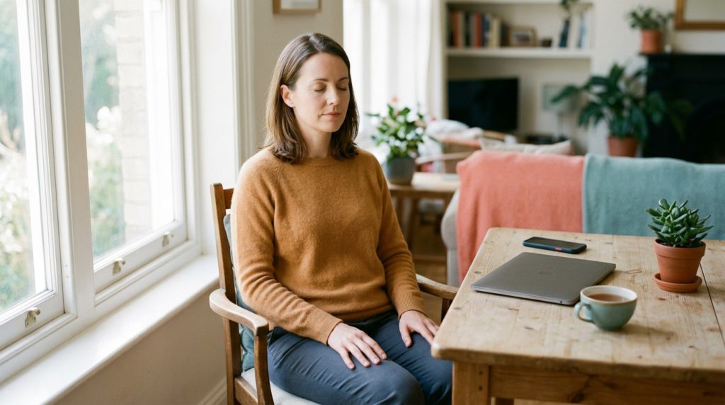 A person sits upright by a sunlit window with eyes closed in a quiet focus practice, a closed laptop and face-down phone on the table