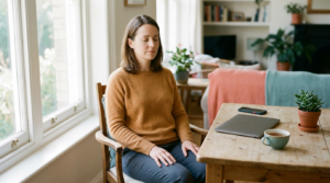 A person sits upright by a sunlit window with eyes closed in a quiet focus practice, a closed laptop and face-down phone on the table