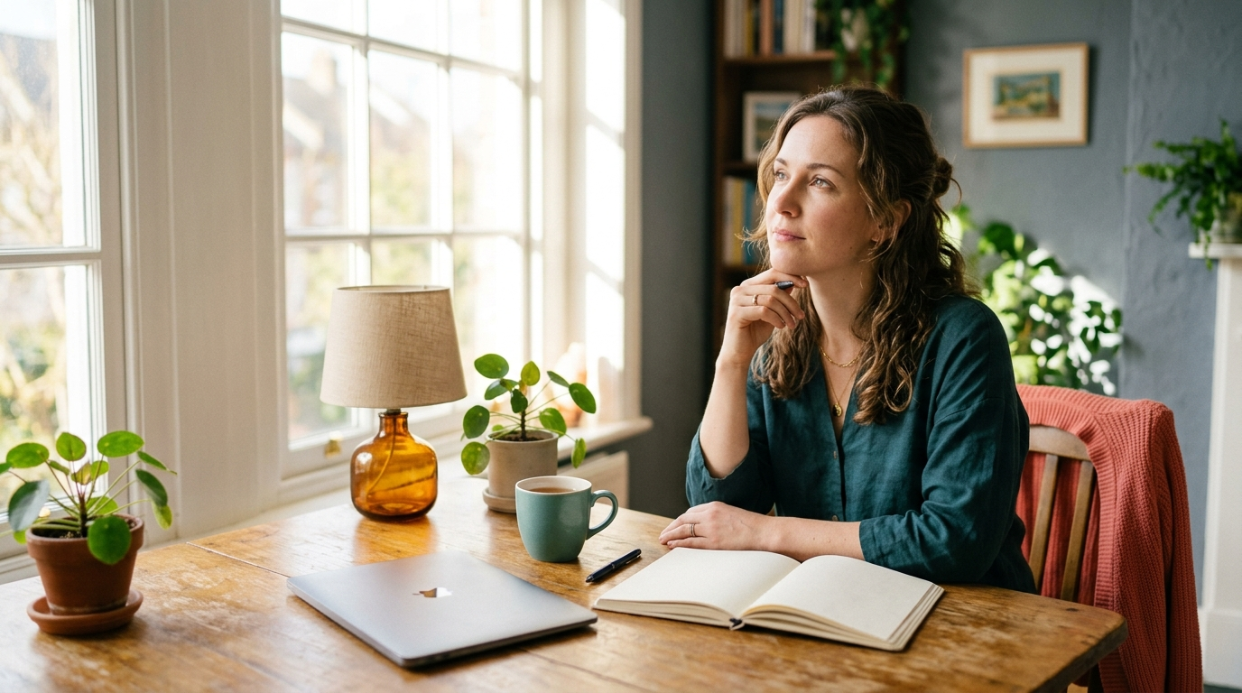 A professional pausing in thought at a sunlit table with an open notebook, the moment before asking a better question