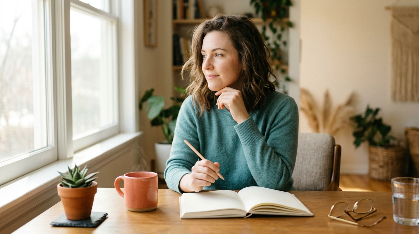 A woman in a teal sweater sits at a bright wooden table by the window, pencil in hand over an open notebook, pausing to think beside a coral mug, a succulent and her glasses