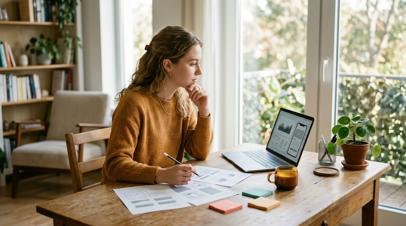 Creator at a sunny desk reviewing charts while setting a digital product price