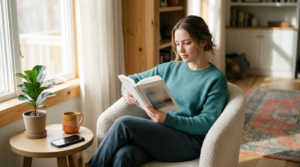 Person reading a book in an armchair by a sunny window with the phone set aside