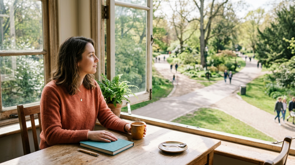 A person at a sunlit window table looks out at park paths branching in different directions