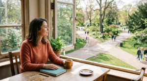 A person at a sunlit window table looks out at park paths branching in different directions