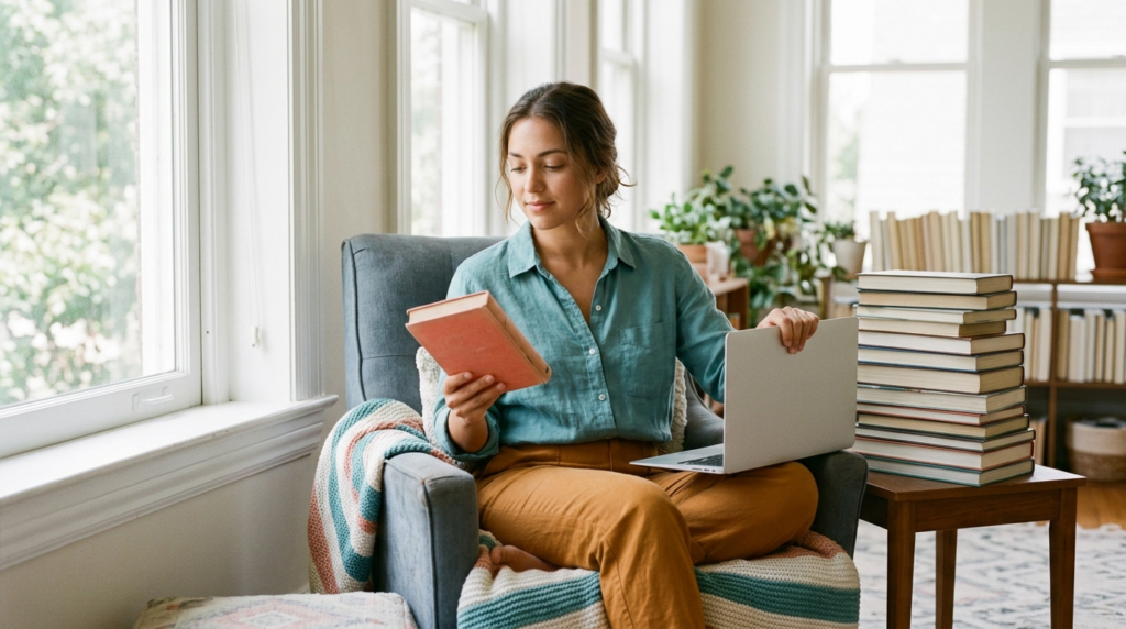 Person in a sunlit reading nook choosing one book and setting a stack aside