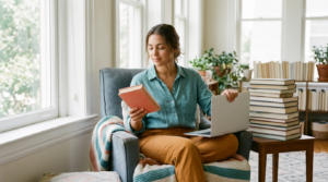 Person in a sunlit reading nook choosing one book and setting a stack aside