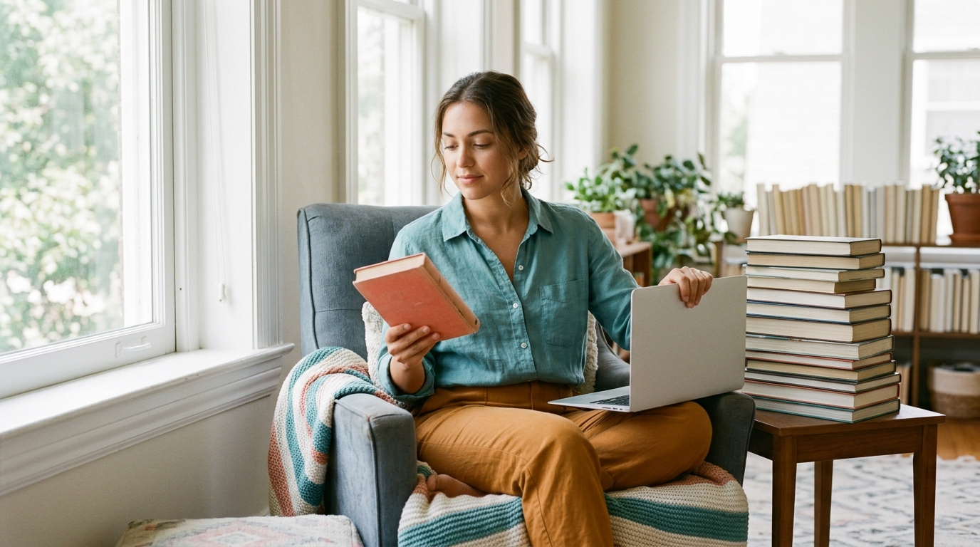 Person in a sunlit reading nook choosing one book and setting a stack aside