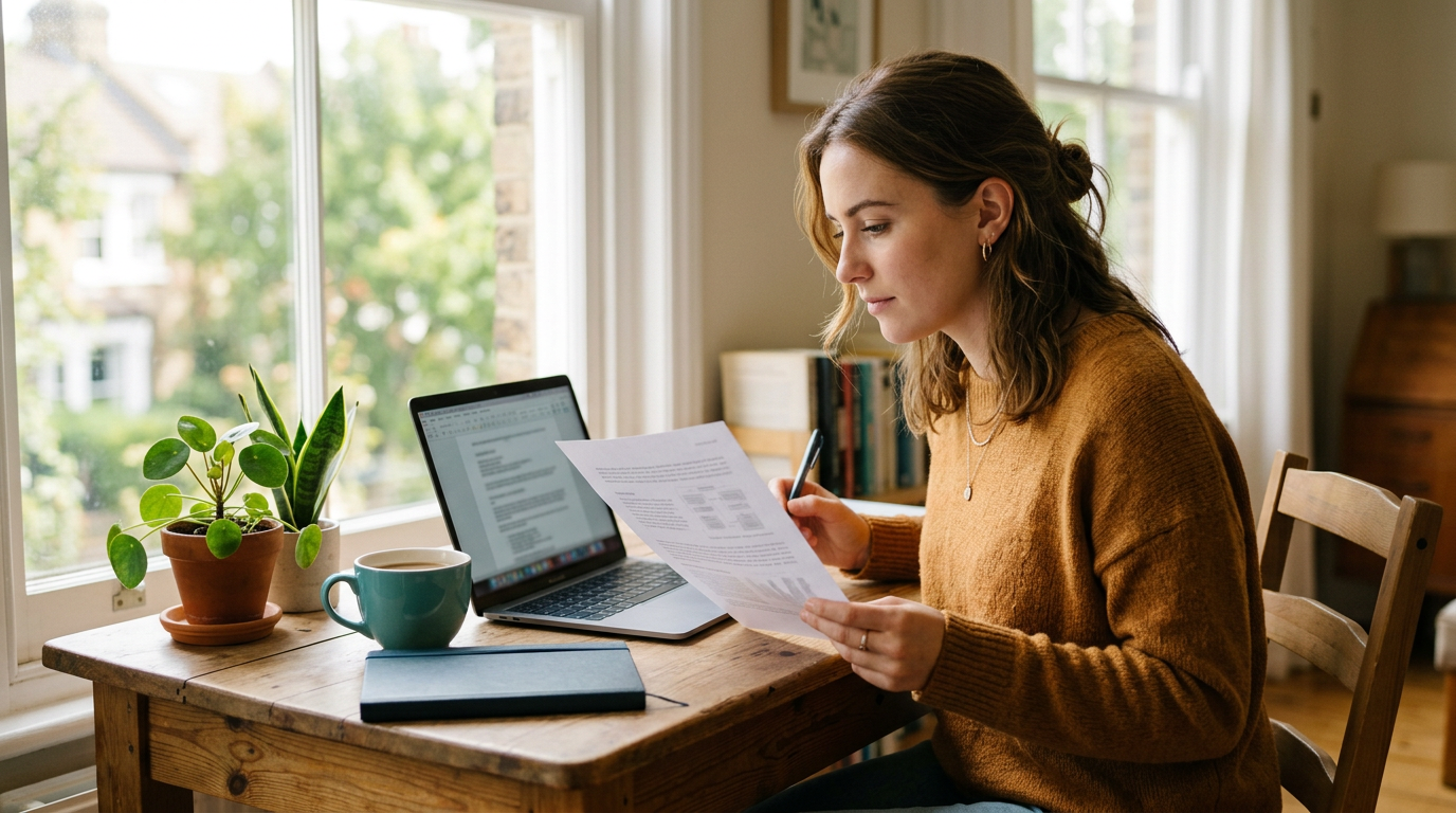Professional at a sunny window desk comparing a printed research paper with a laptop, checking facts