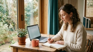 A woman at a sunlit desk reviewing and correcting handwritten notes beside an open laptop