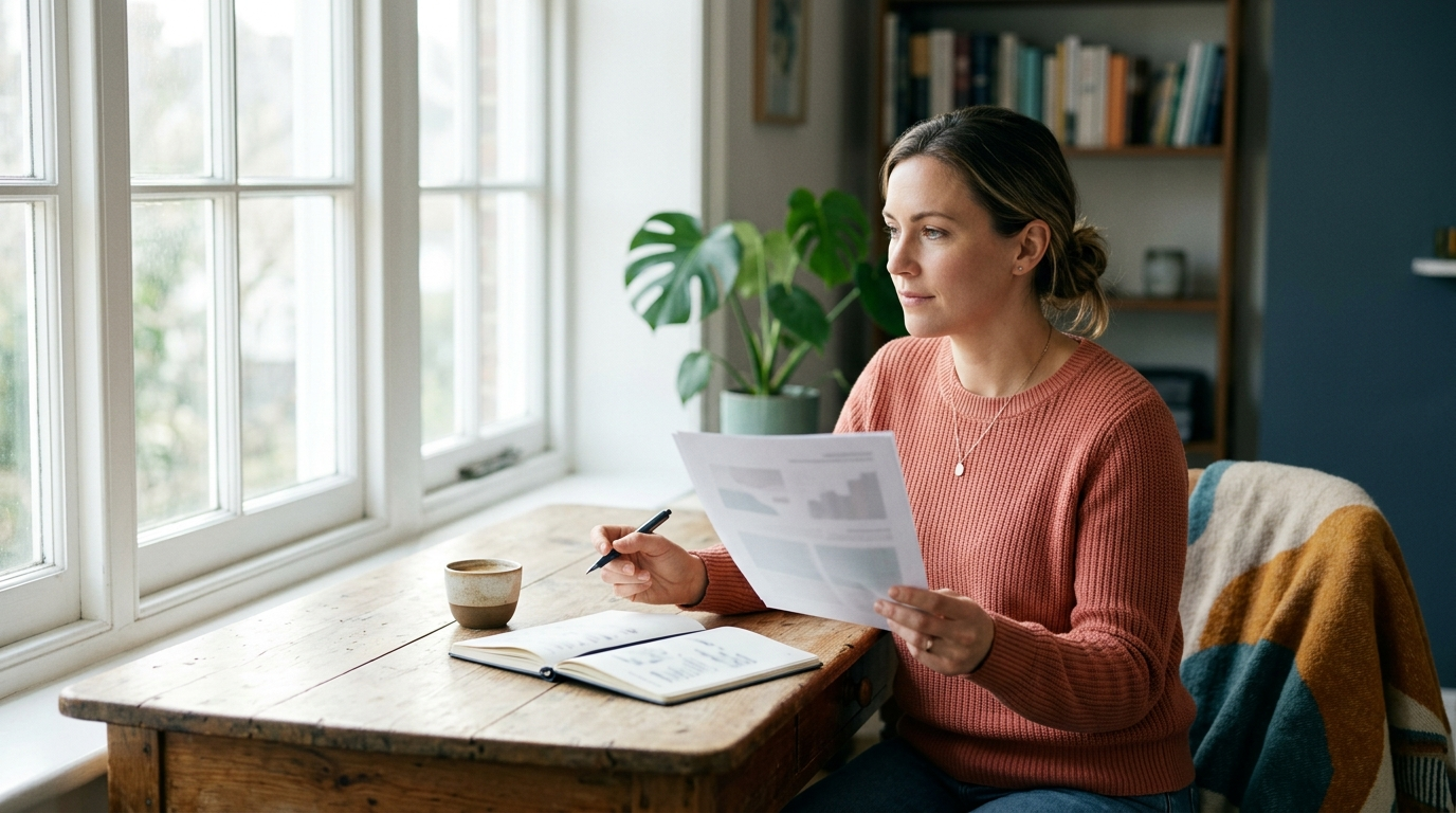 Professional reviewing a career plan at a sunlit table by the window