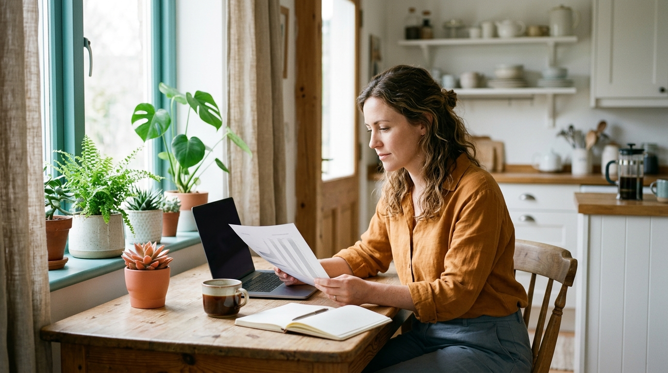 Person at a sunlit kitchen table reviewing printed figures of a small online business