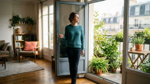 A person in a teal sweater pauses with a hand on an open glass door between a sunlit living room and a green balcony garden, deciding whether to step through