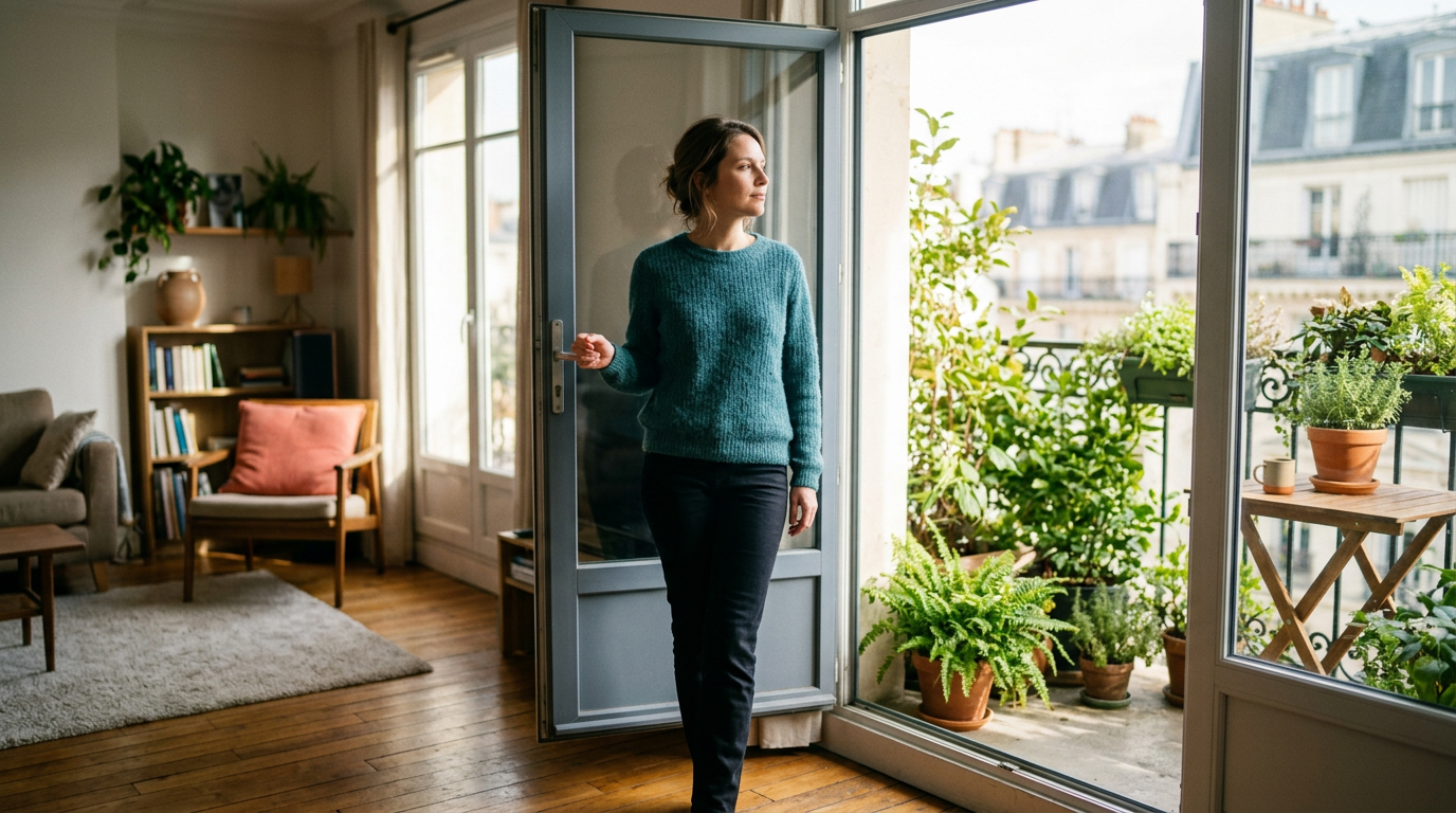 A person in a teal sweater pauses with a hand on an open glass door between a sunlit living room and a green balcony garden, deciding whether to step through