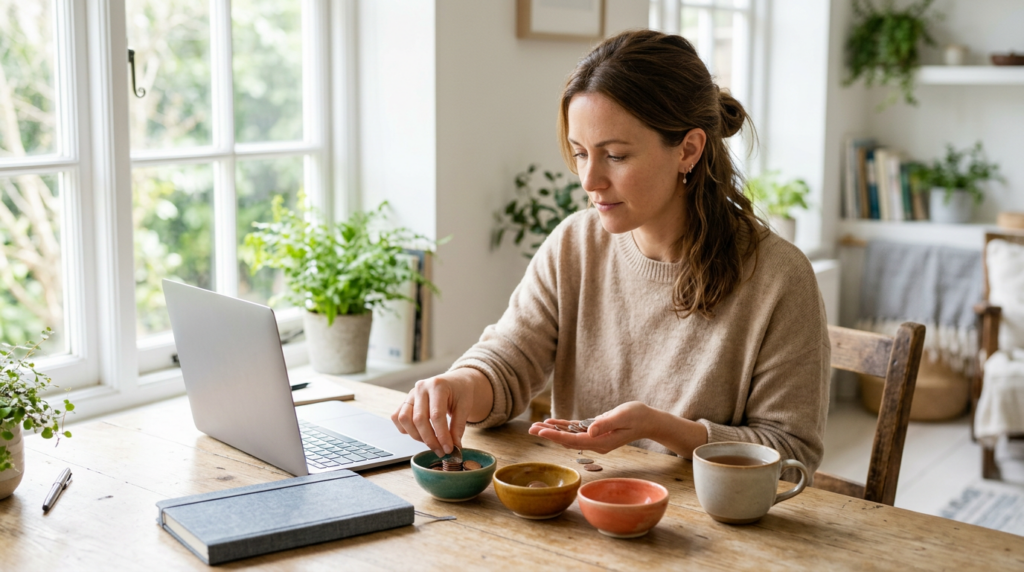 Independent professional at a sunny table dividing coins into three small ceramic bowls next to a laptop