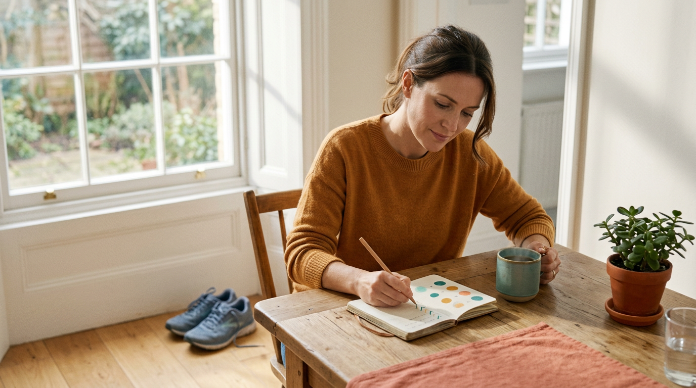 A woman at a sunny kitchen table by the window marking colored dots in a small paper notebook, with a teal mug, a plant and running shoes nearby