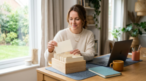 A professional at a bright home office desk sorting blank index cards into a wooden card box, building a reusable prompt library