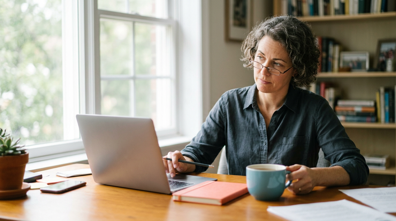 A professional with glasses at a sunny wooden desk looks up from an open laptop with a pencil in hand, calmly double-checking something, beside a teal mug and a coral notebook