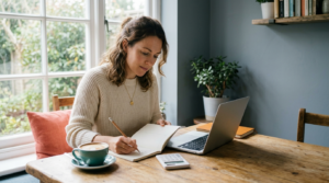 A freelancer at a sunny wooden table by a window works out a pricing calculation by hand with a notebook, pencil and calculator beside an open laptop