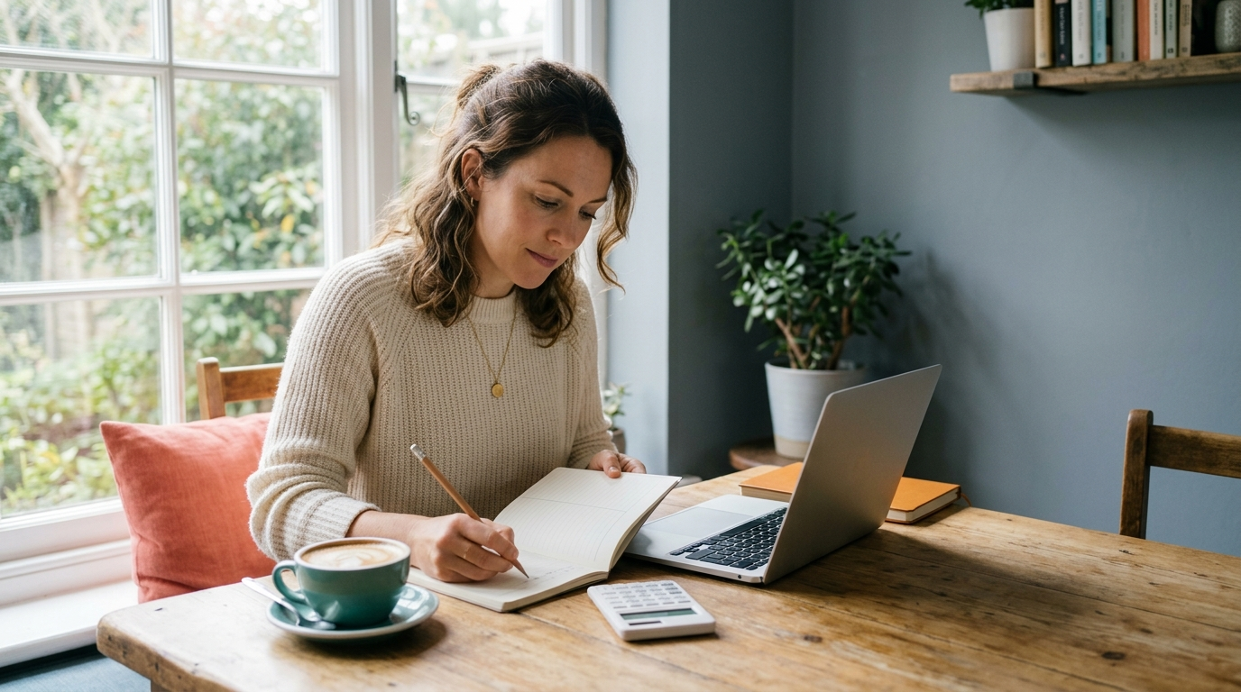 A freelancer at a sunny wooden table by a window works out a pricing calculation by hand with a notebook, pencil and calculator beside an open laptop