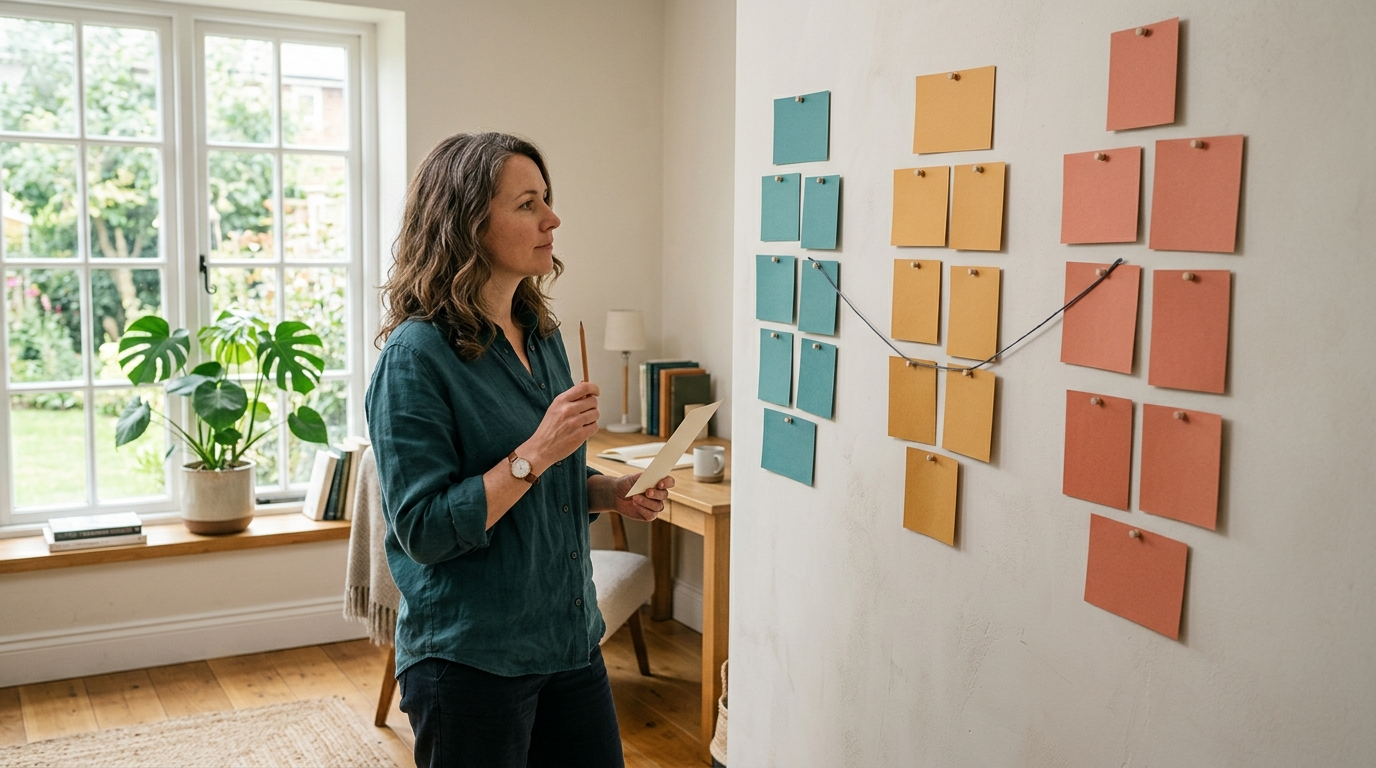 A professional in a sunlit study looks at three columns of blank teal, amber and coral cards pinned to a wall, weighing three possible career futures