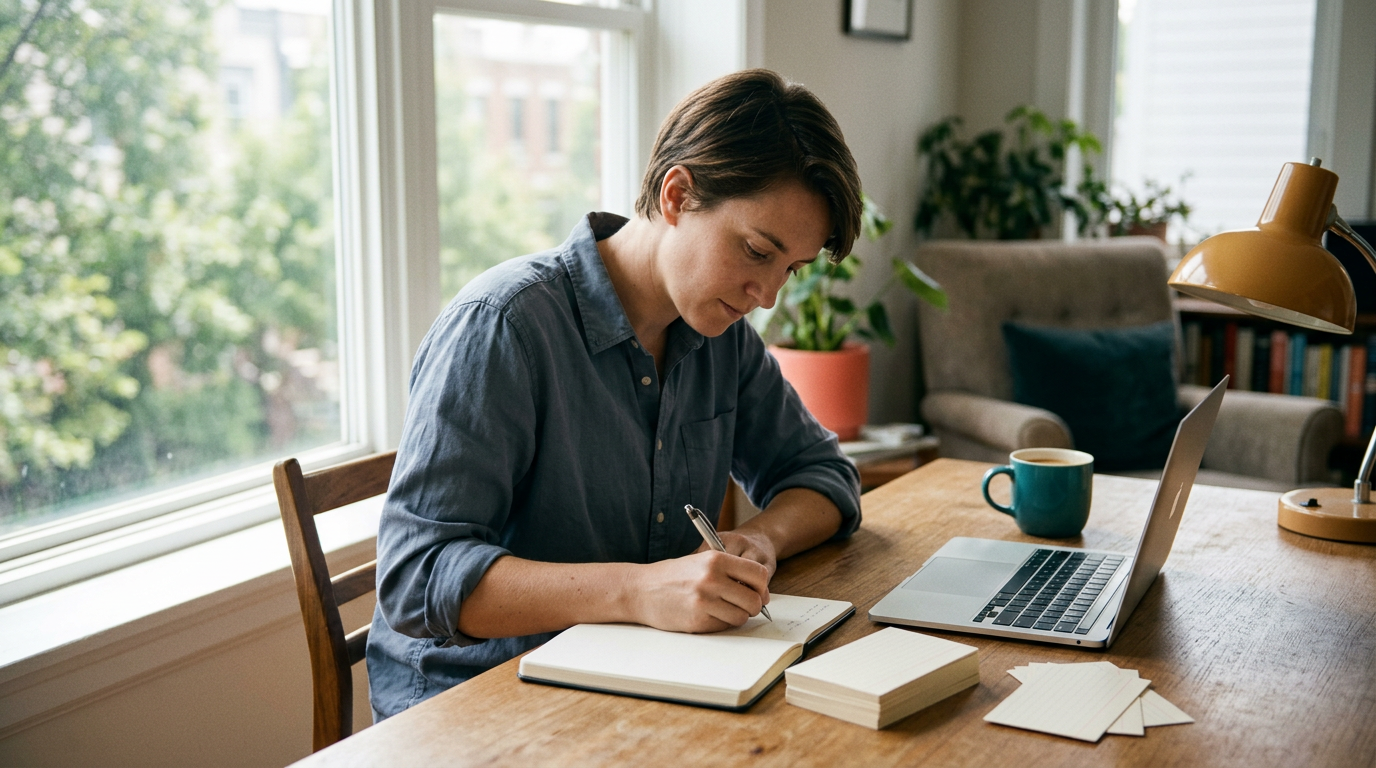 A professional writes notes by hand in a notebook at a sunlit wooden desk beside a stack of index cards, a laptop and a teal mug