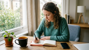 A person writing by hand in a single notebook at a sunlit desk by a window, phone and closed laptop set aside