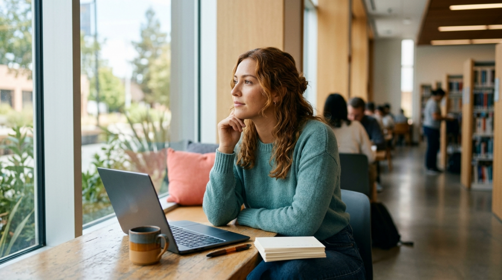 Person by a library window with a laptop, thinking about a next career move
