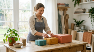 A small business owner in a sunlit studio arranges three wrapped boxes in teal, amber and coral, from small to large