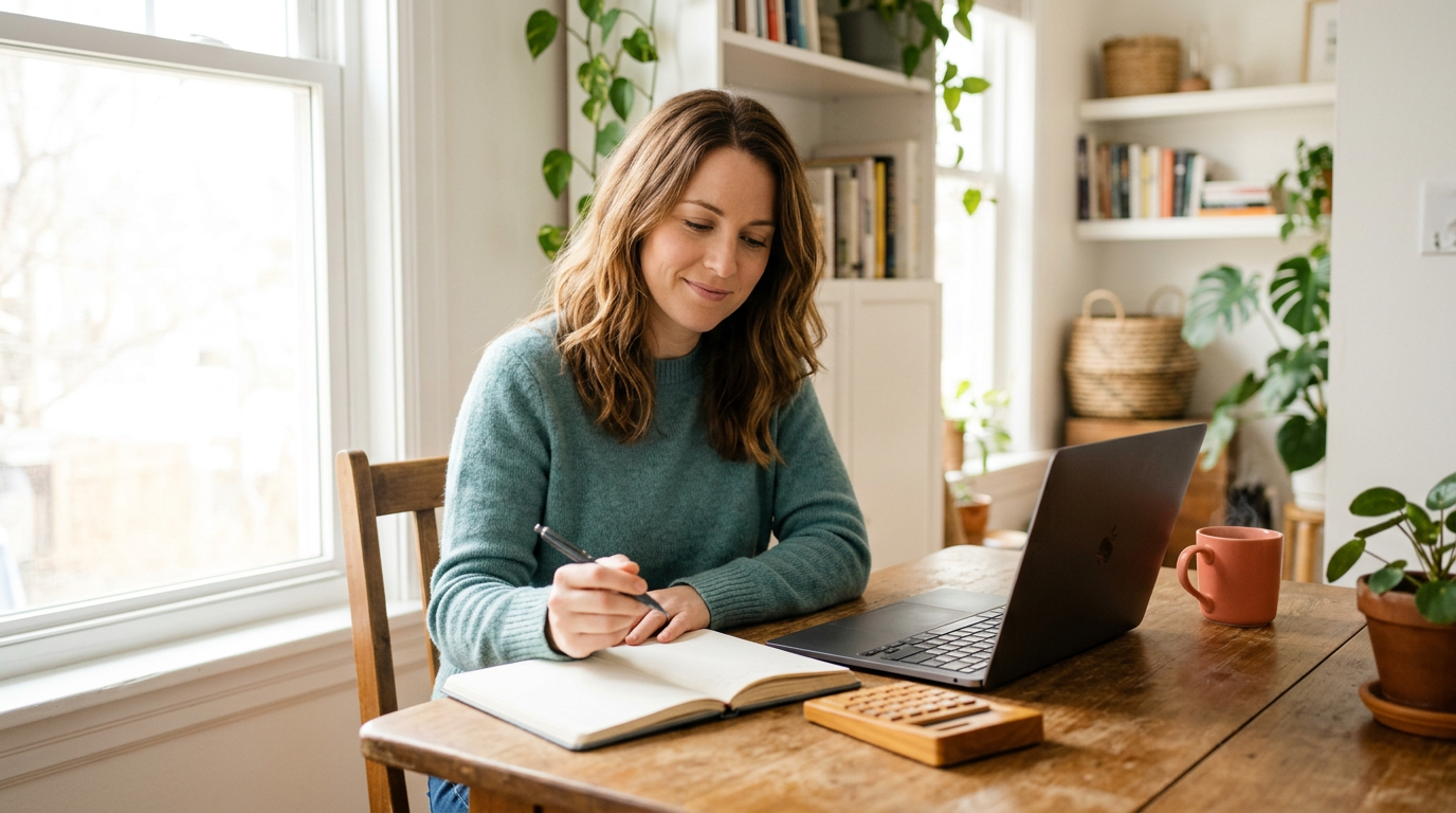 An independent consultant in a teal sweater works through numbers in a notebook at a sunny wooden table, beside a laptop, a wooden calculator and a coral mug
