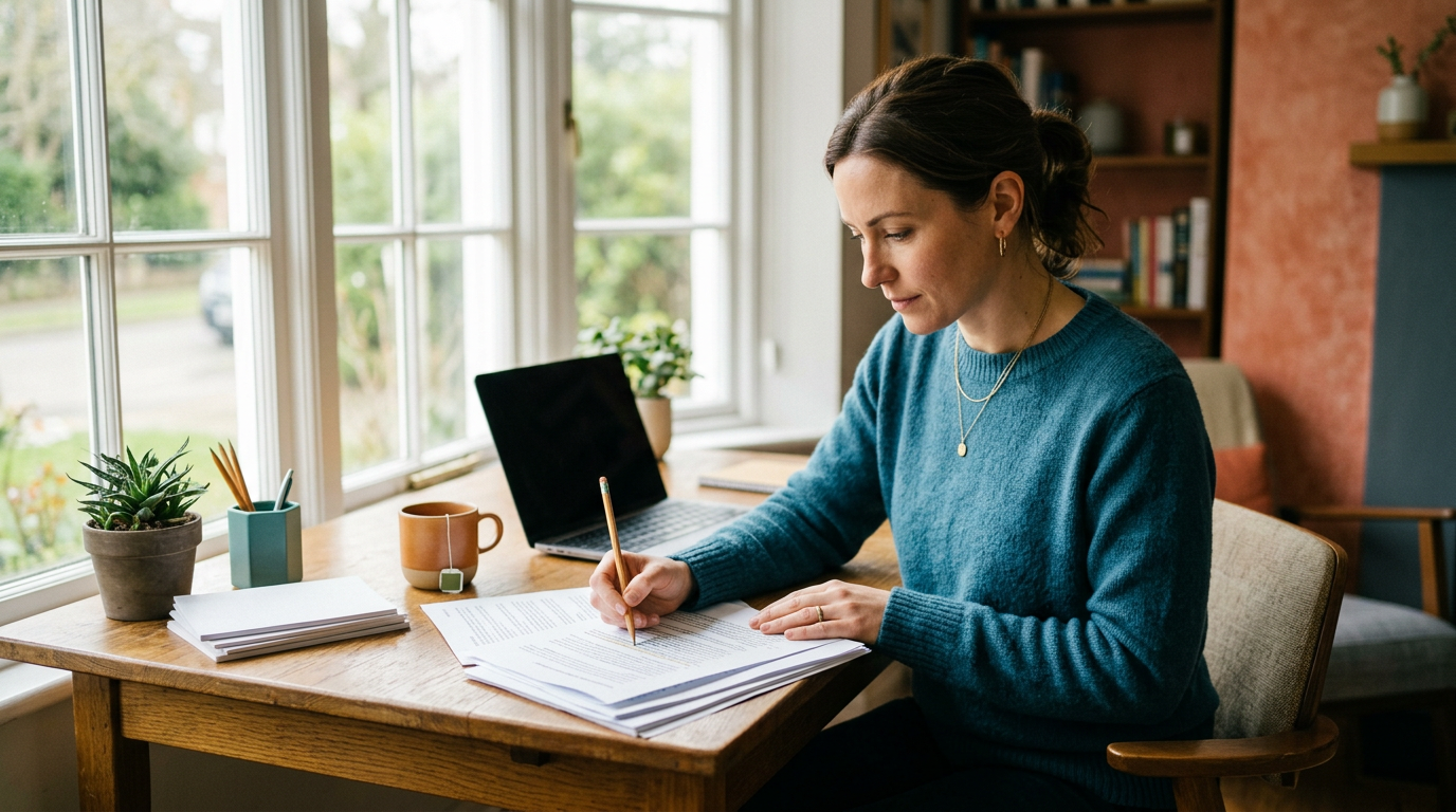A professional at a sunlit desk carefully reviews a printed draft with a pencil beside a laptop