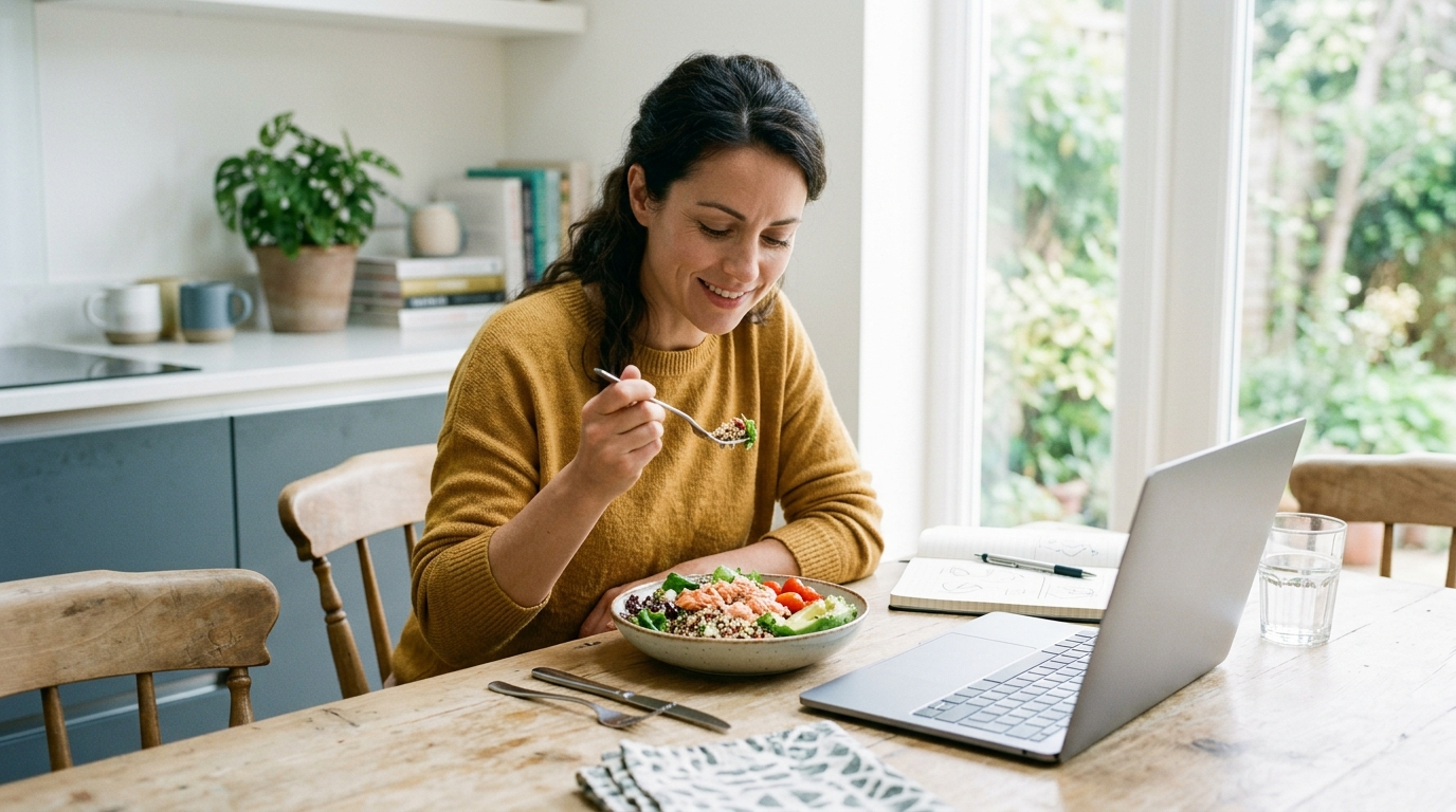 Person eating a wholesome lunch at a sunny kitchen table beside a laptop during a work break
